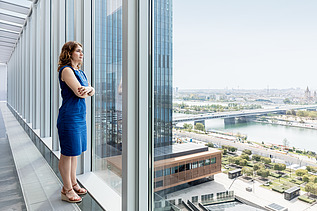 Melis stands in her office and looks out of the big windows