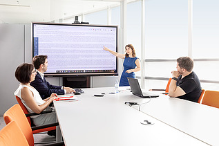 Melis presents something to her colleagues in front of a screen