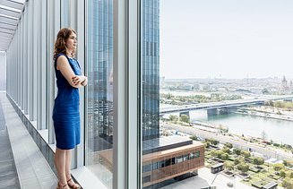 Melis stands in her office and looks out of the big windows